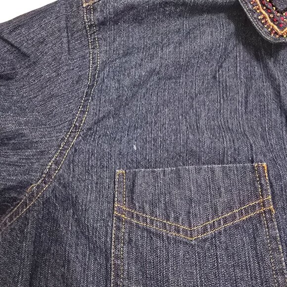 Chicos Vintage Denim Zip-Up Shirt Embroidered & Beaded Camel &Collar Boho READ - Picture 12 of 12